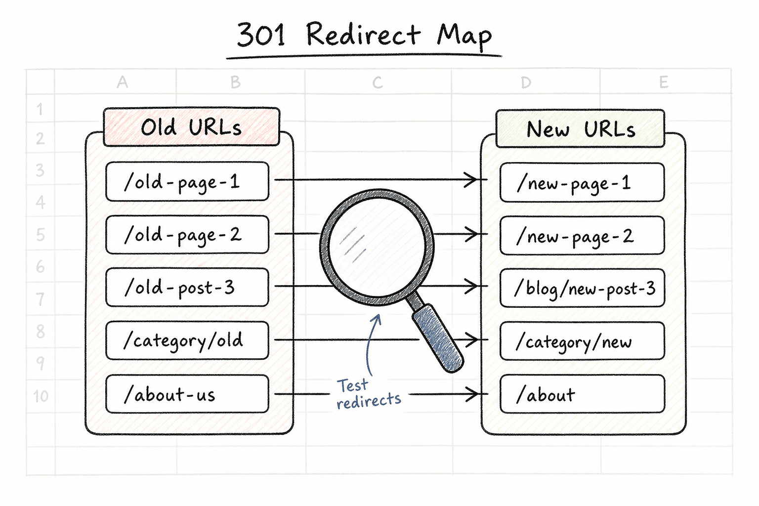 Flowchart showing how old website URLs are mapped to new URLs via 301 redirects.