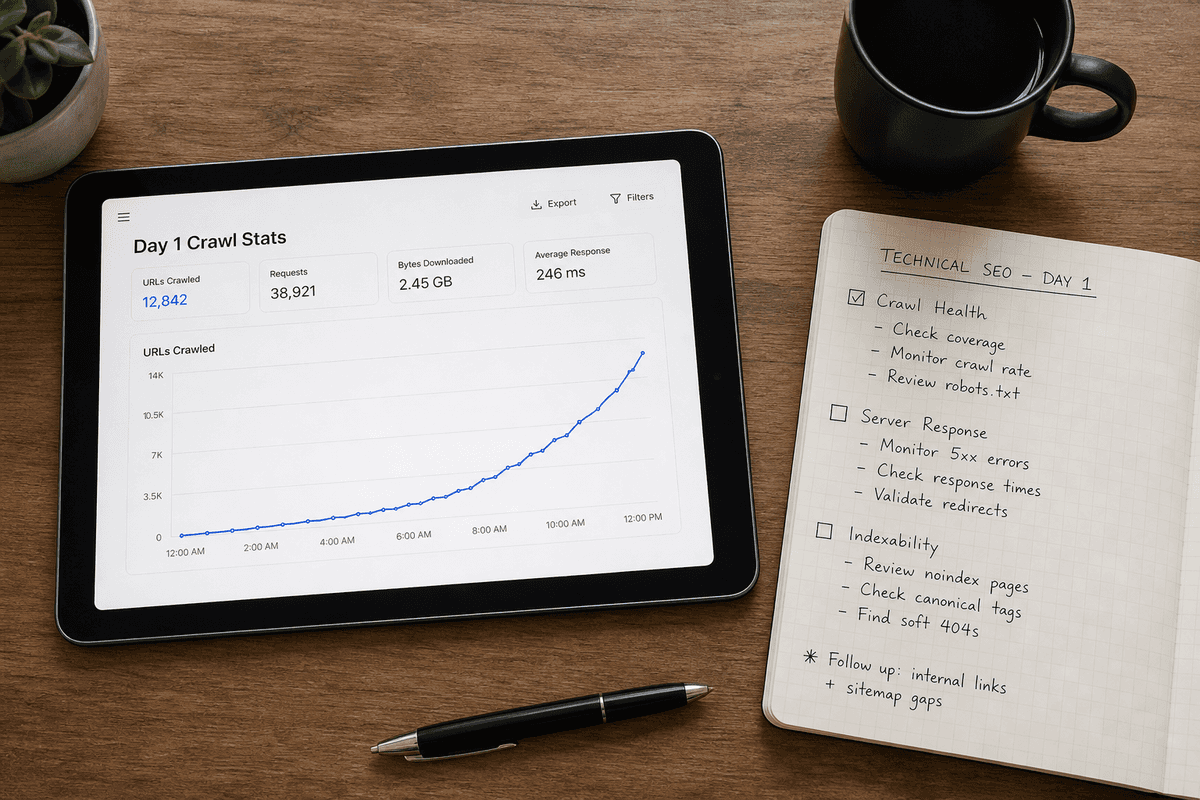 Overhead view of an iPad showing positive Day 1 website crawl statistics next to a notepad.