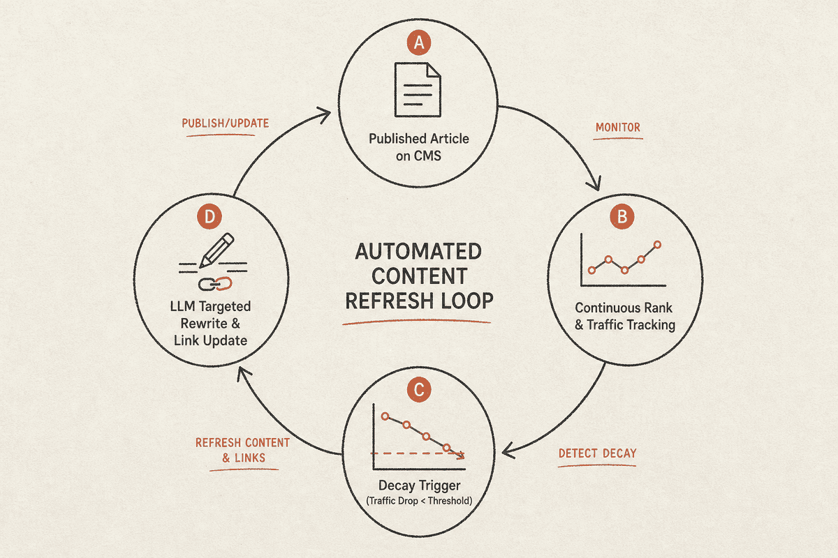 Circular workflow diagram showing the automated content decay monitoring and refresh loop.