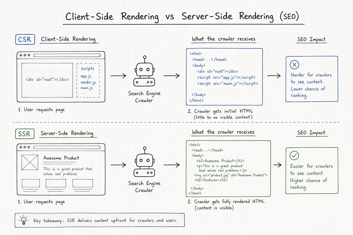 Diagram showing how search engines interact differently with Client-Side Rendering versus Server-Side Rendering.