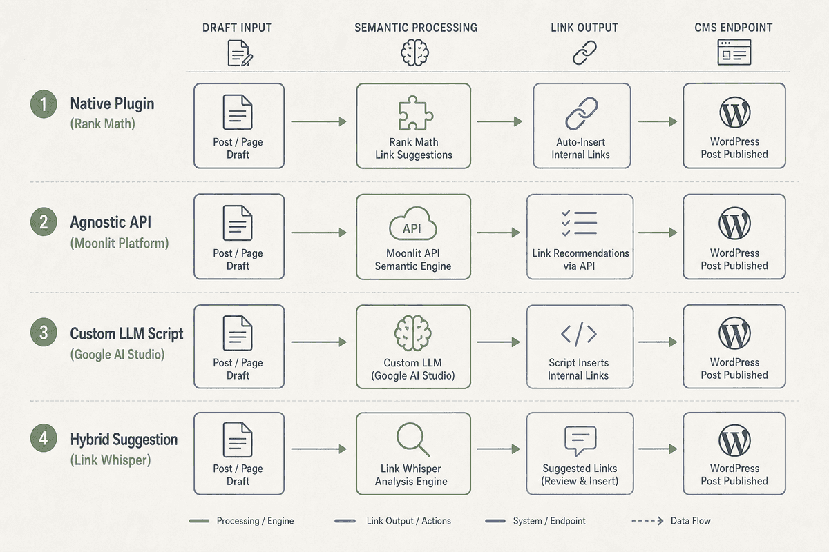 Flowchart comparing four main architectures for automating internal links on AI-generated blogs.