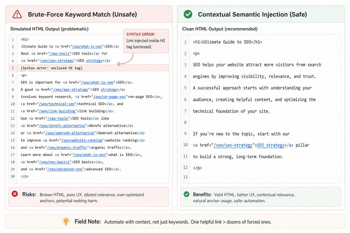 Visual comparison of brute-force over-optimized linking versus semantic contextual internal linking.