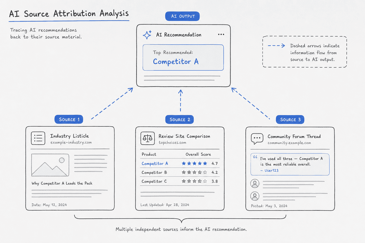Source attribution analysis diagram mapping an AI recommendation to underlying reference URLs.