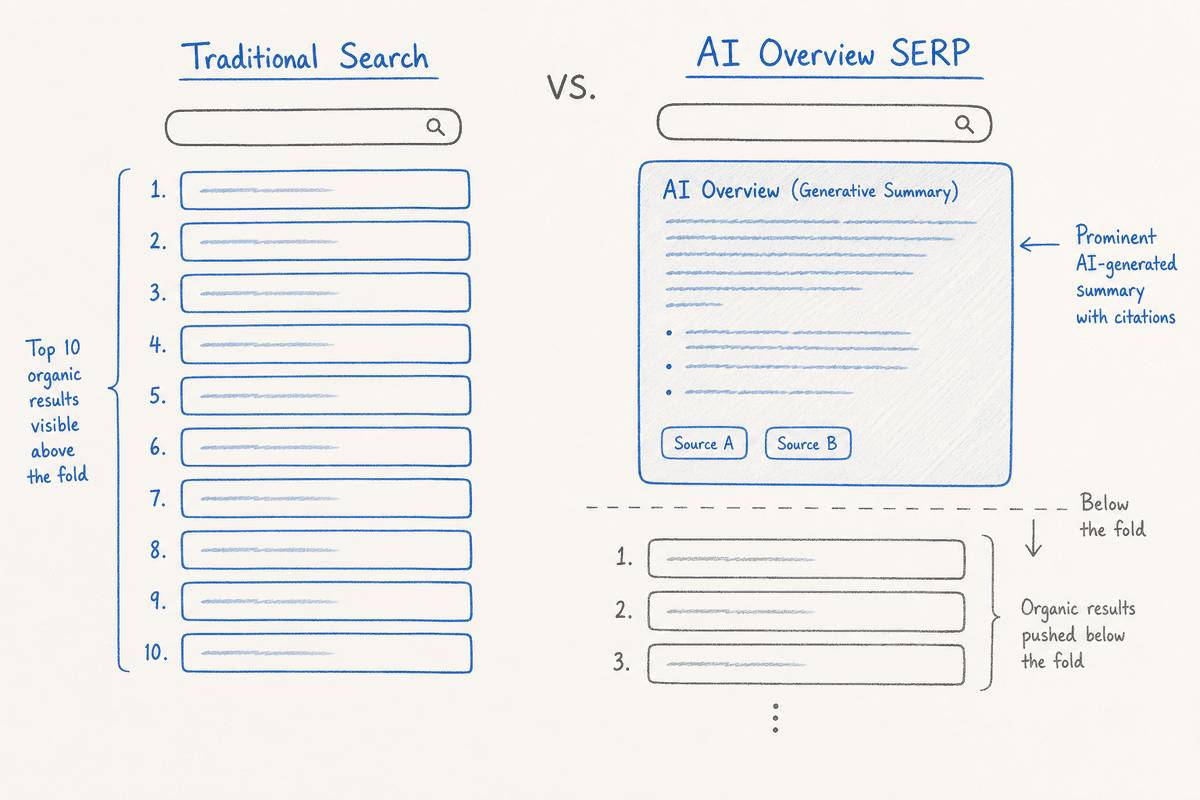 Whiteboard diagram comparing a traditional ten blue links search layout with a modern AI Overview SERP.