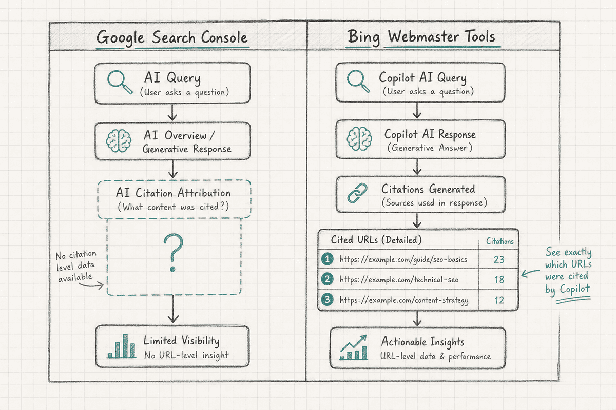 Technical comparison sketch showing Bing Webmaster Tools native AI query reporting versus Google Search Console.