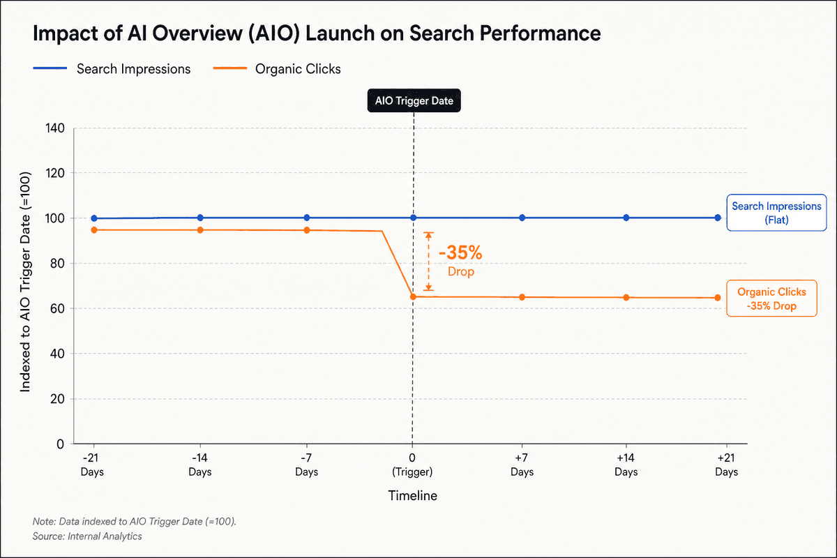 Line chart showing organic clicks dropping sharply after an AI Overview triggers while impressions remain steady.