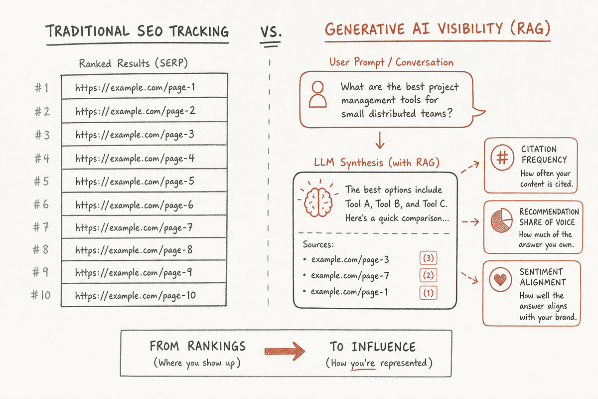 Diagram comparing traditional search engine rank tracking with generative AI citation and sentiment tracking metrics.