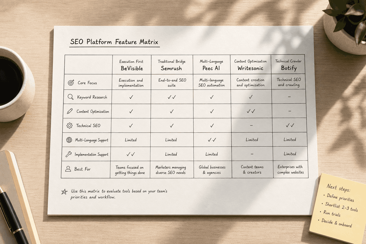 Comparison matrix categorizing alternative AI search visibility platforms based on SaaS marketing workflows.