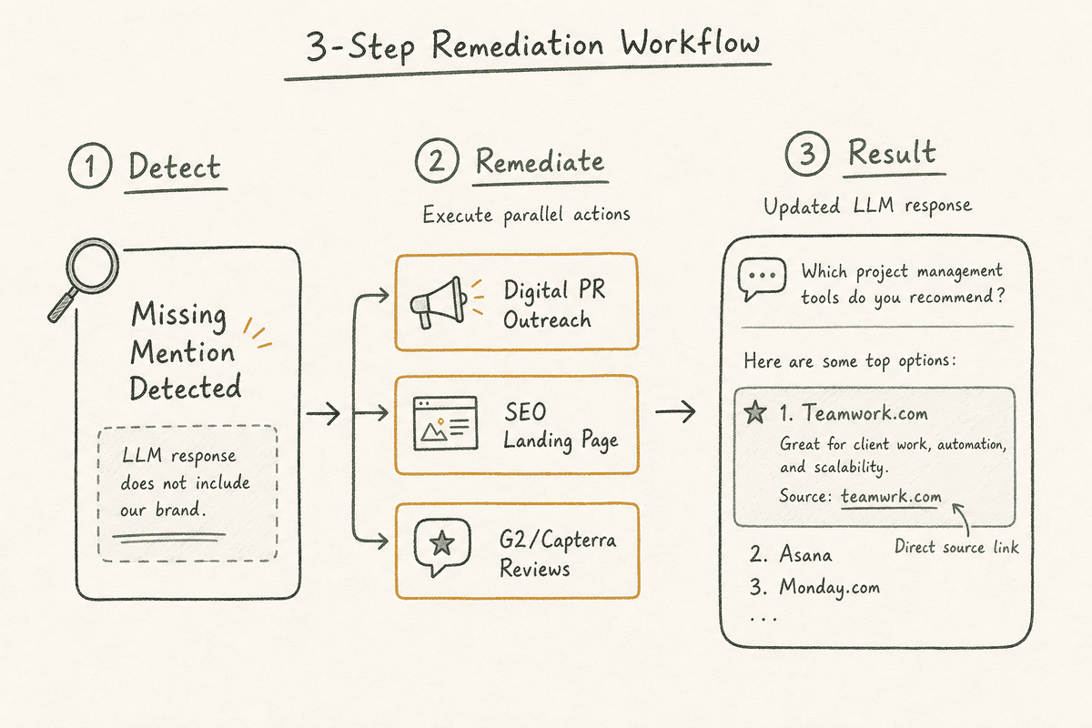 Flowchart detailing the three-step workflow SaaS teams use to capture missing AI citations and recommendations.