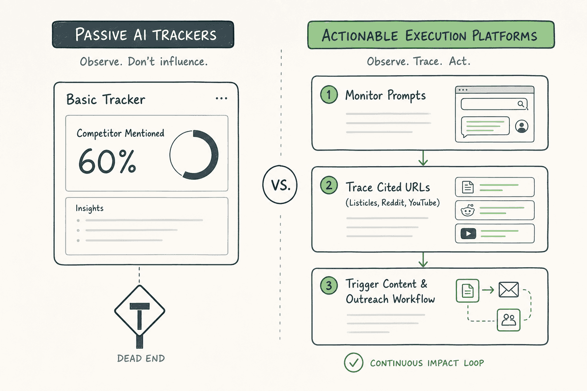 Comparison graphic showing the limitations of basic AI mention trackers versus actionable AI execution workflows.