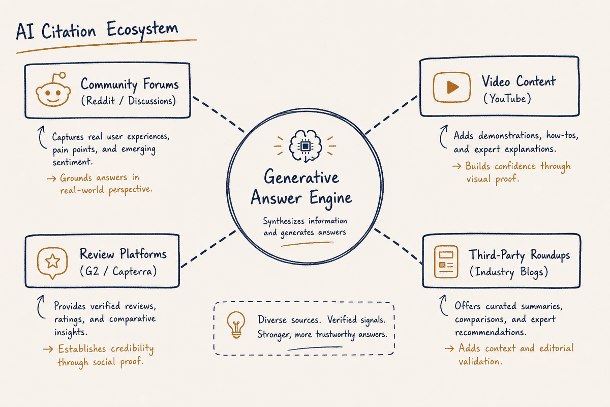 Mind map illustrating the key third-party sources that AI search engines cite for competitor recommendations.