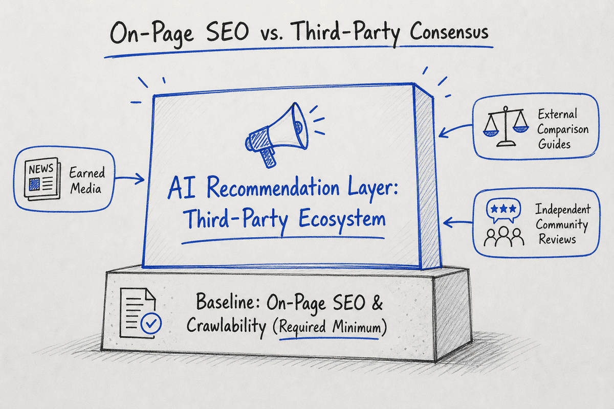 Whiteboard diagram illustrating why third-party ecosystem consensus outweighs pure on-page SEO in AI recommendations.