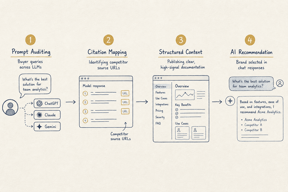 Four-step operational workflow diagram showing the path from auditing AI prompts to winning brand citations in LLM answers.