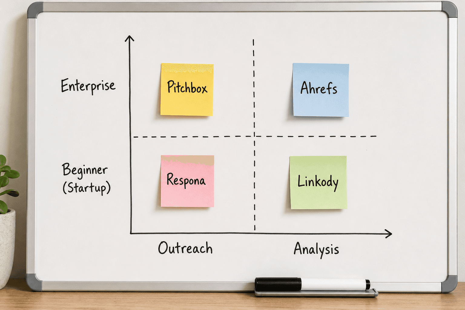A whiteboard quadrant chart comparing top SEO link building tools by use case and business size.