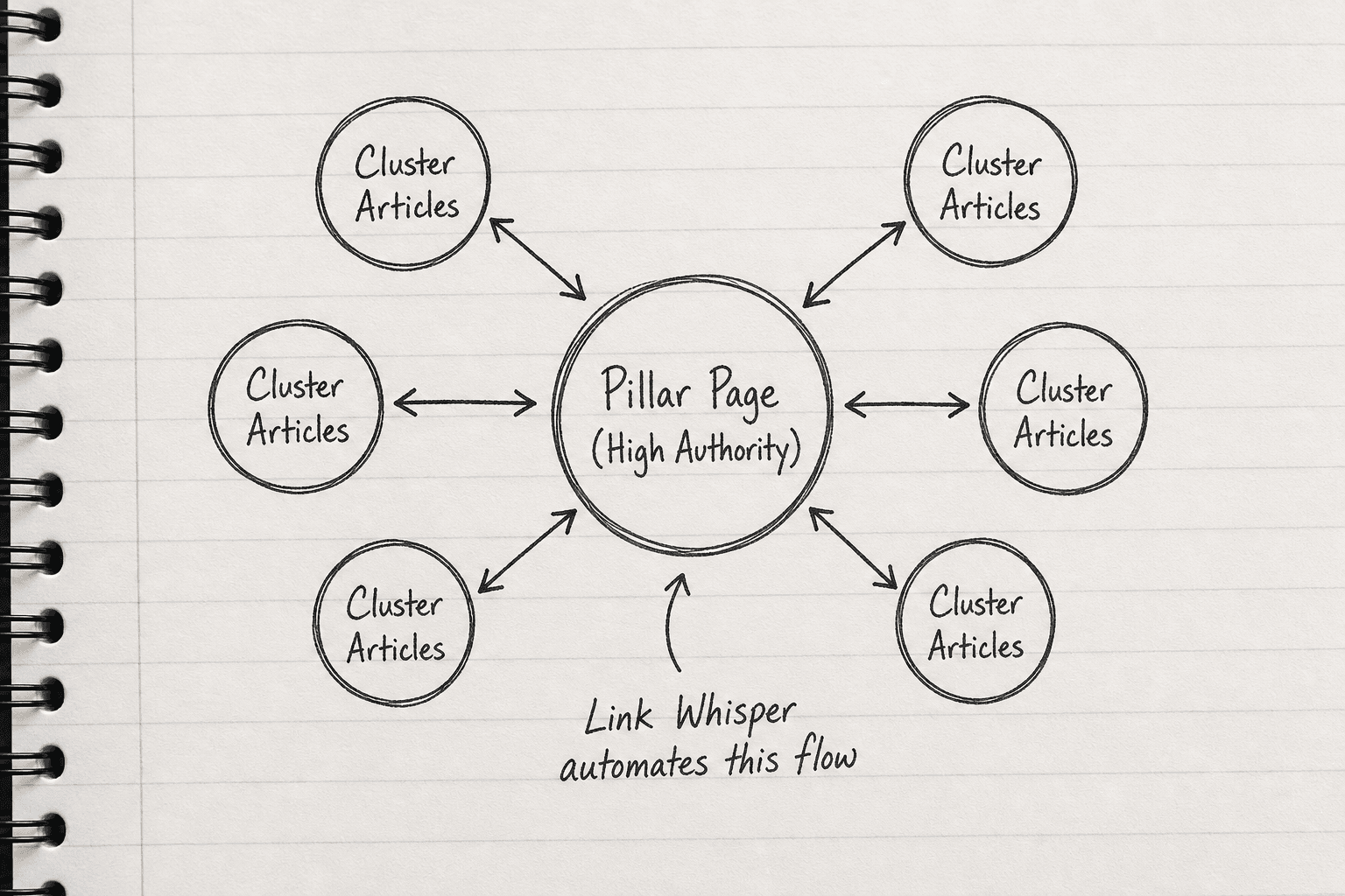 Diagram illustrating a hub-and-spoke internal linking architecture for SEO.