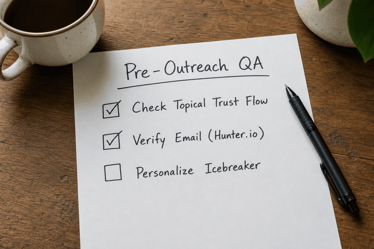 A physical pre-outreach QA checklist on a desk to ensure high-quality link building.