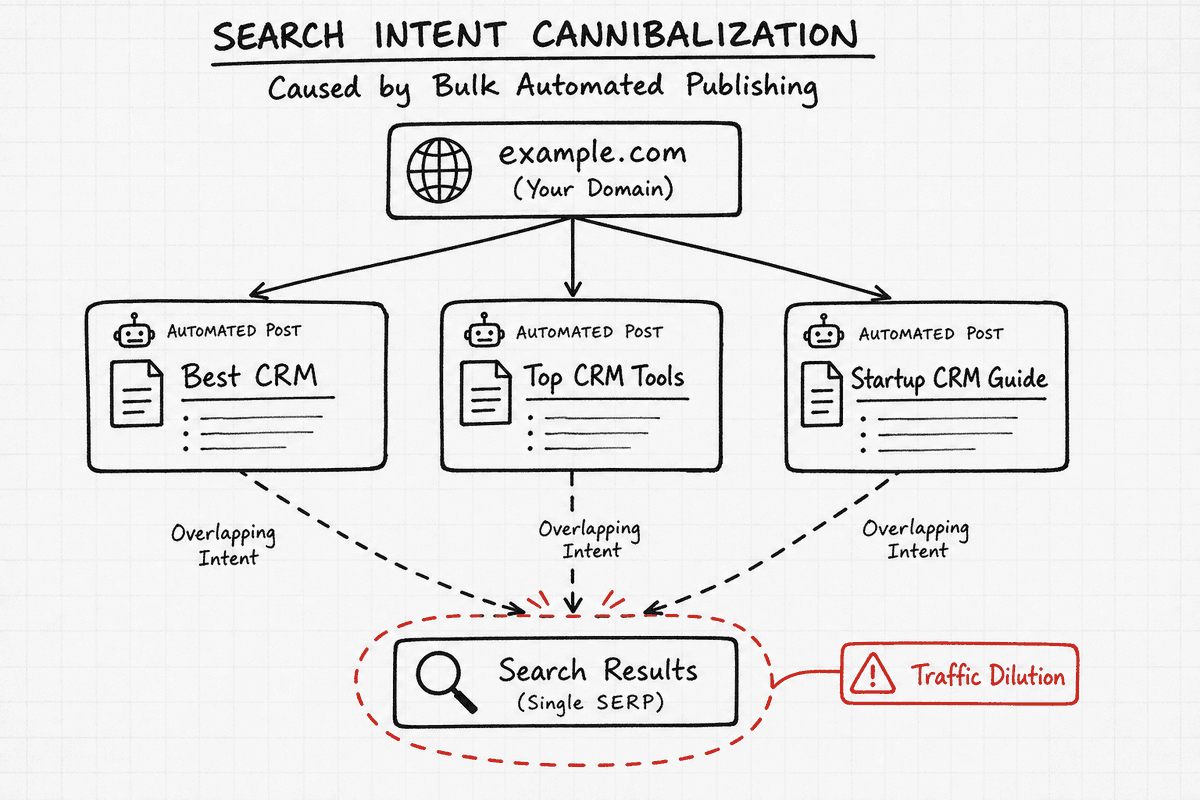 Diagram showing how unsupervised bulk AI generation causes keyword cannibalization across overlapping search queries.