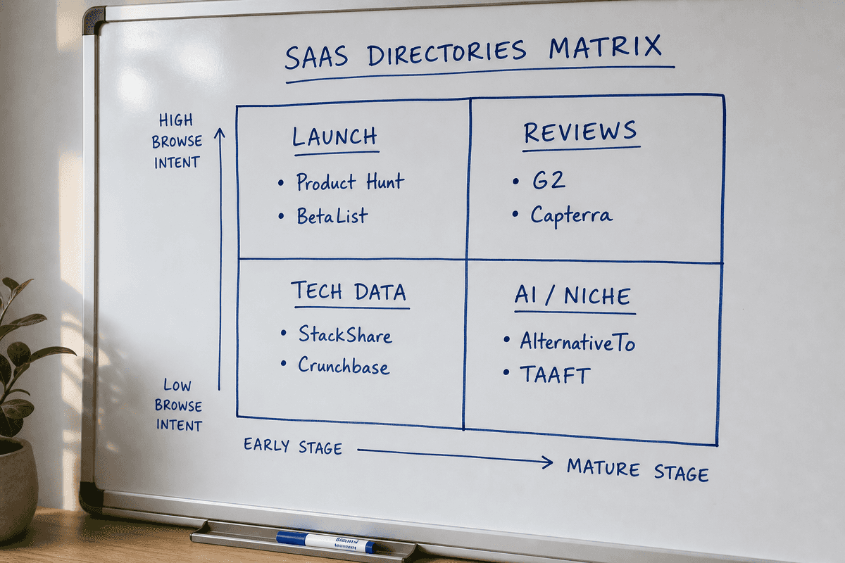 A matrix categorizing 11 top SaaS directories by Launch, Reviews, Tech Data, and AI platforms.
