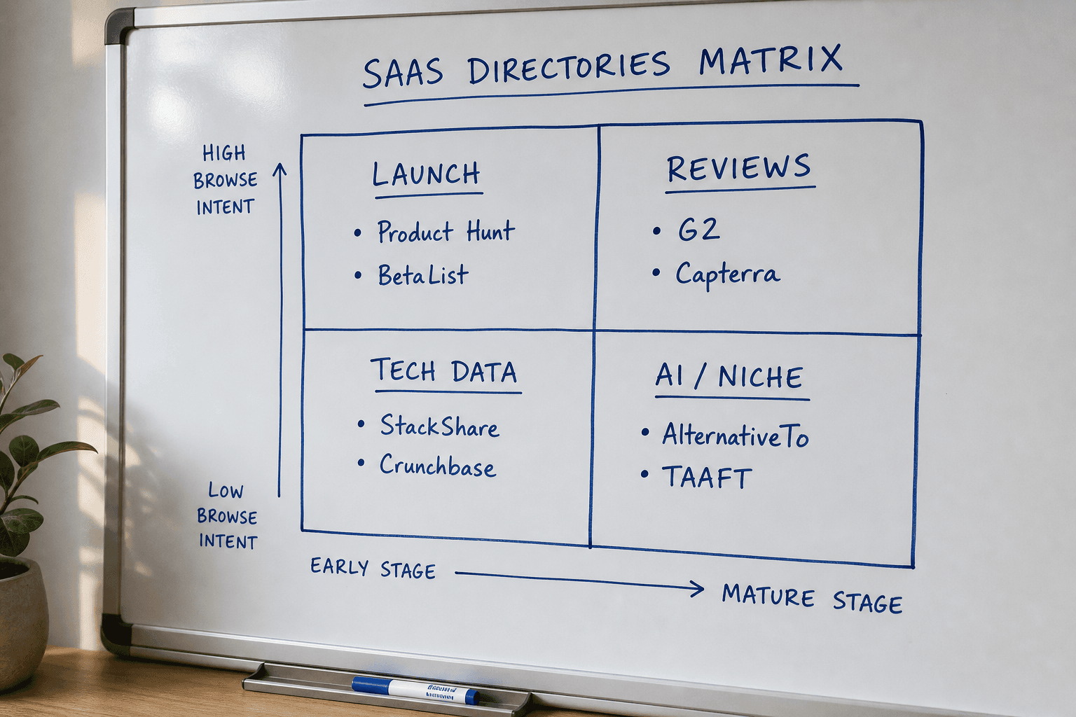 A matrix categorizing 11 top SaaS directories by Launch, Reviews, Tech Data, and AI platforms.