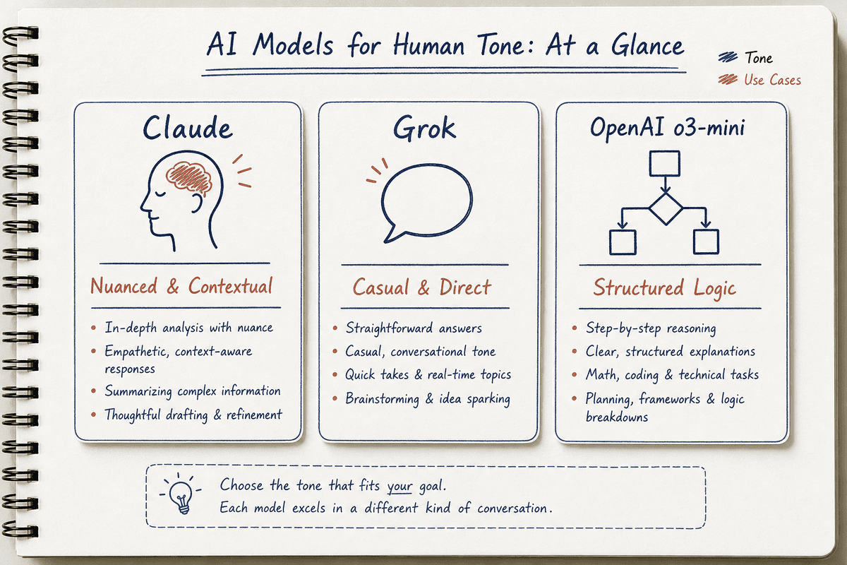 Comparison card matrix showing tone strengths and best use cases for Claude, Grok, and OpenAI o3-mini