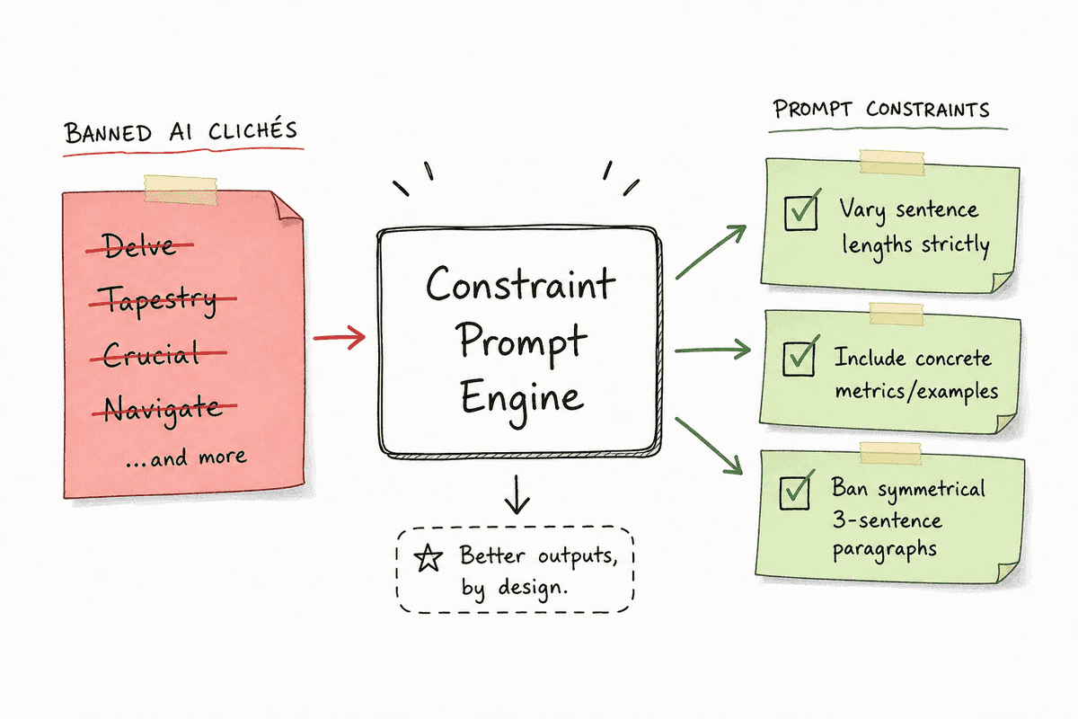 Whiteboard diagram illustrating constraint-based prompt rules banning AI crutch words and enforcing sentence length variance