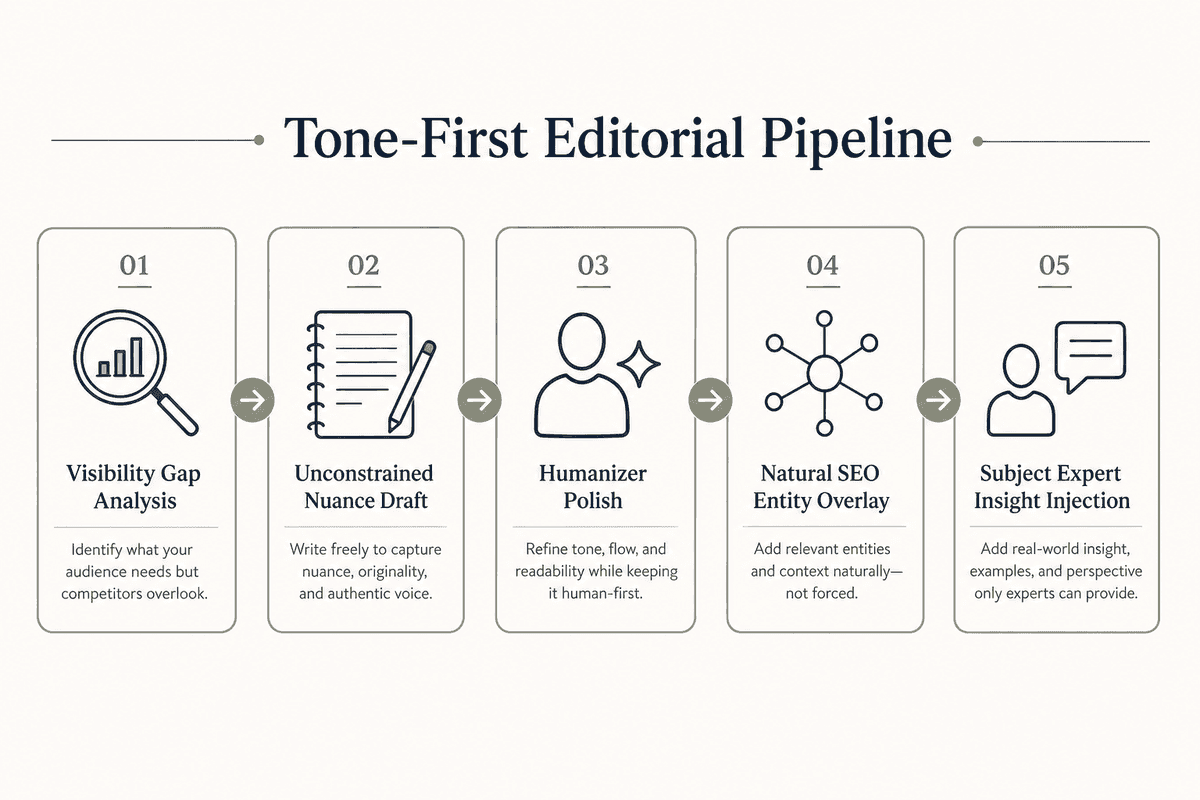 Process flow chart detailing the five steps of a tone-first content creation and humanization pipeline