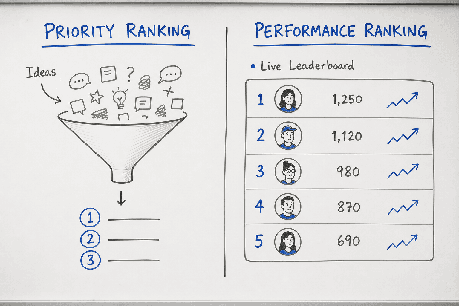 Diagram comparing priority ranking tools for decision making vs performance ranking tools for tracking outcomes.