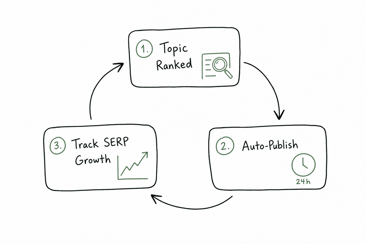 A daily SEO growth loop showing topic prioritization, daily automated publishing, and SERP rank tracking.