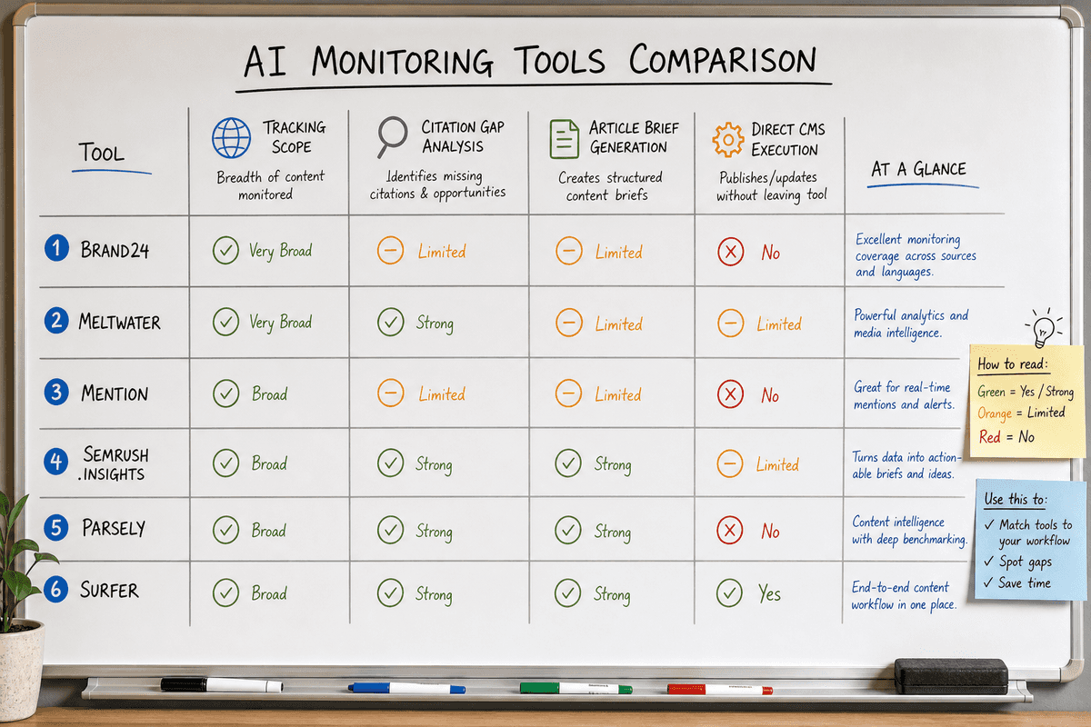 Feature comparison matrix highlighting capabilities of top AI monitoring and content generation tools.