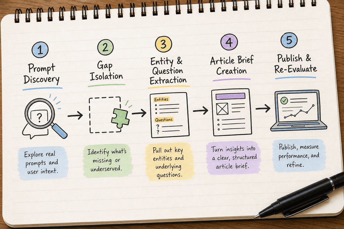 Five-step process chart illustrating how to transform AI prompt gaps into ranked articles.