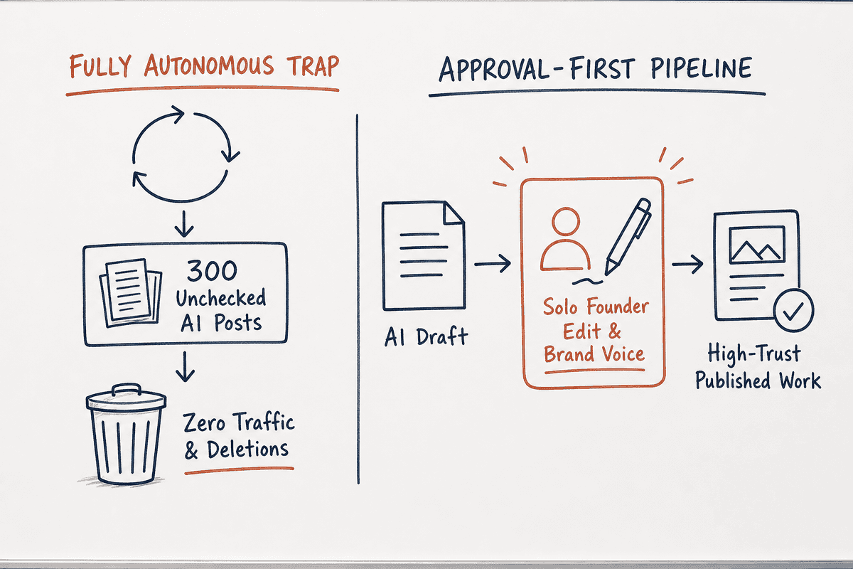 Visual comparison between fully autonomous AI content traps and an approval-first workflow