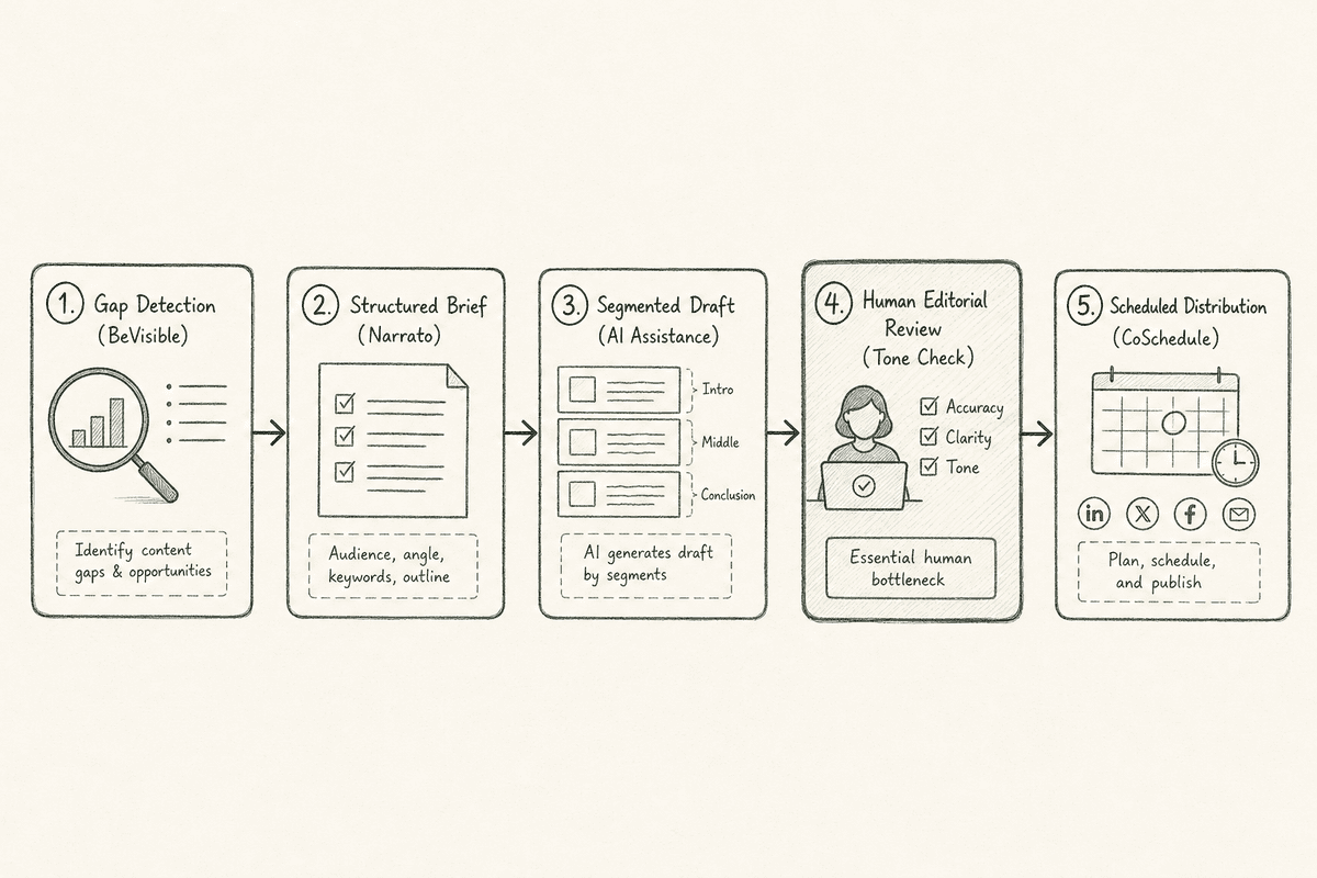 Five-phase content workflow pipeline tailored for single-person startups