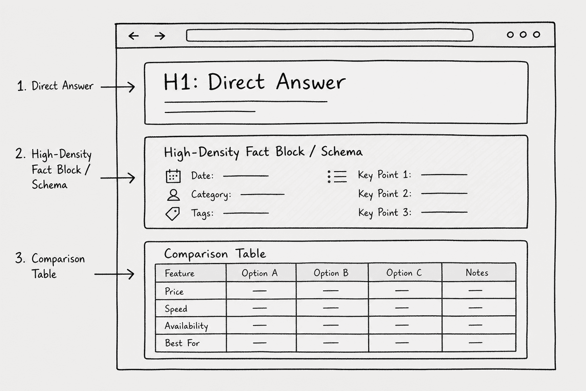Wireframe diagram of a webpage structured for AI crawler extraction.