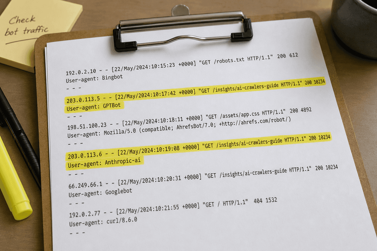 Server log document highlighting successful crawl requests from GPTBot and Anthropic AI crawlers.