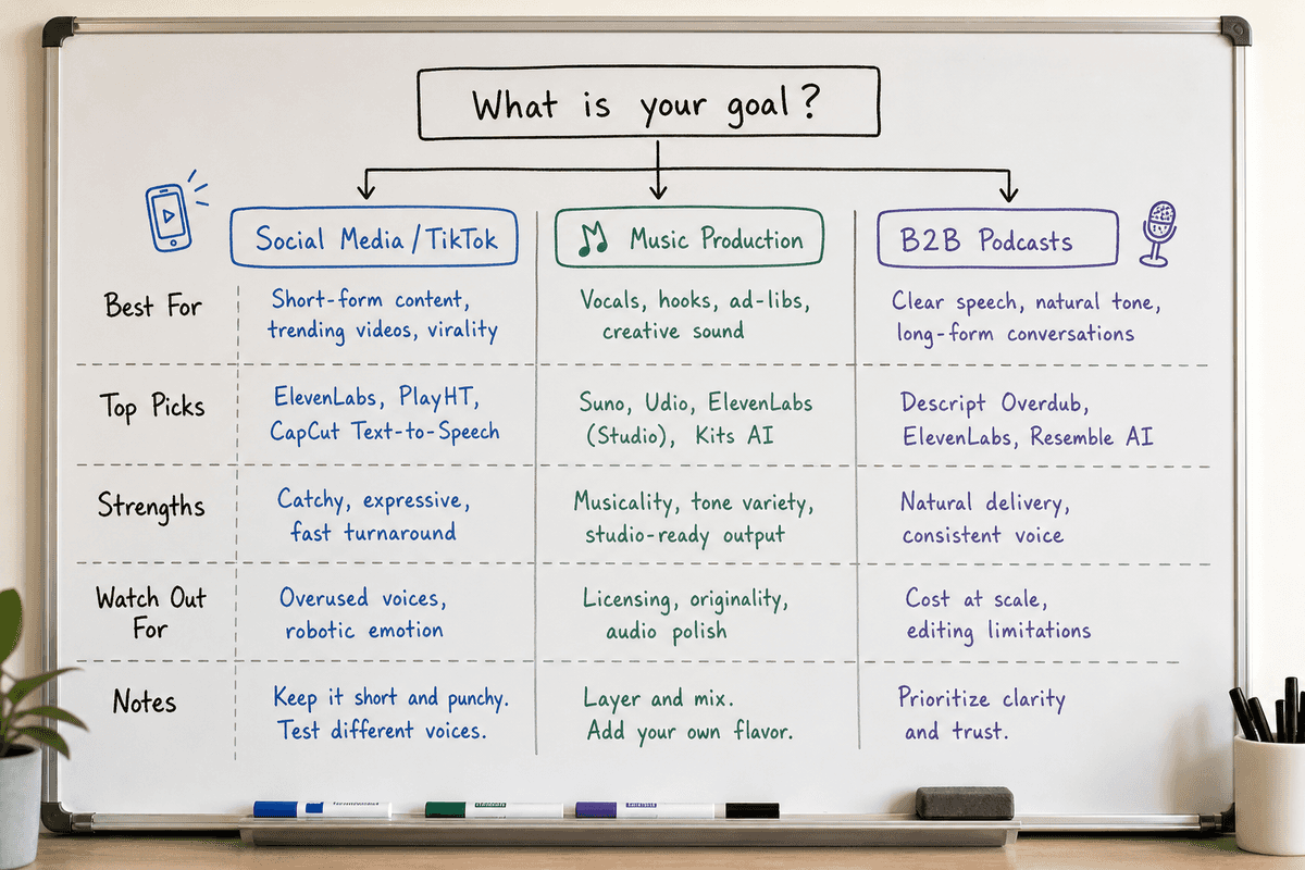 Whiteboard decision tree for choosing the right AI voice tool based on use case