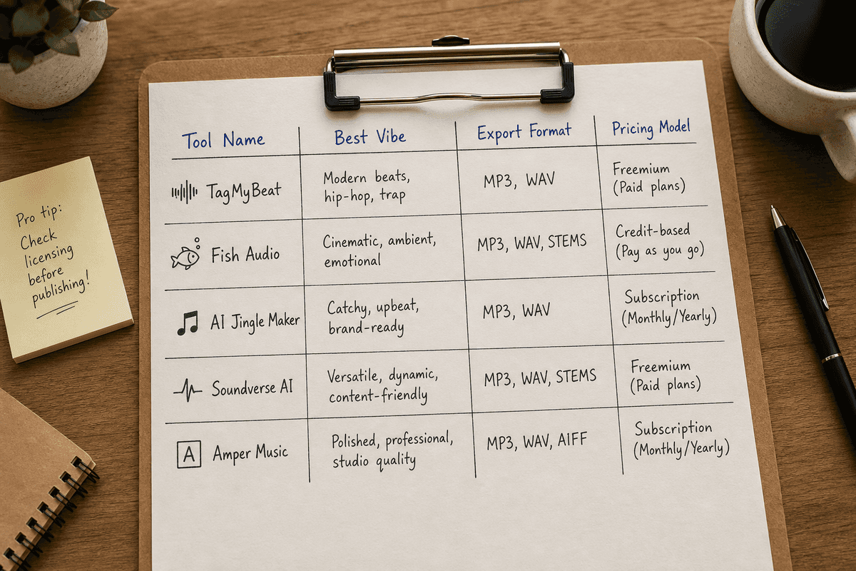 Comparison table of top AI producer tag tools, detailing vibes, formats, and pricing