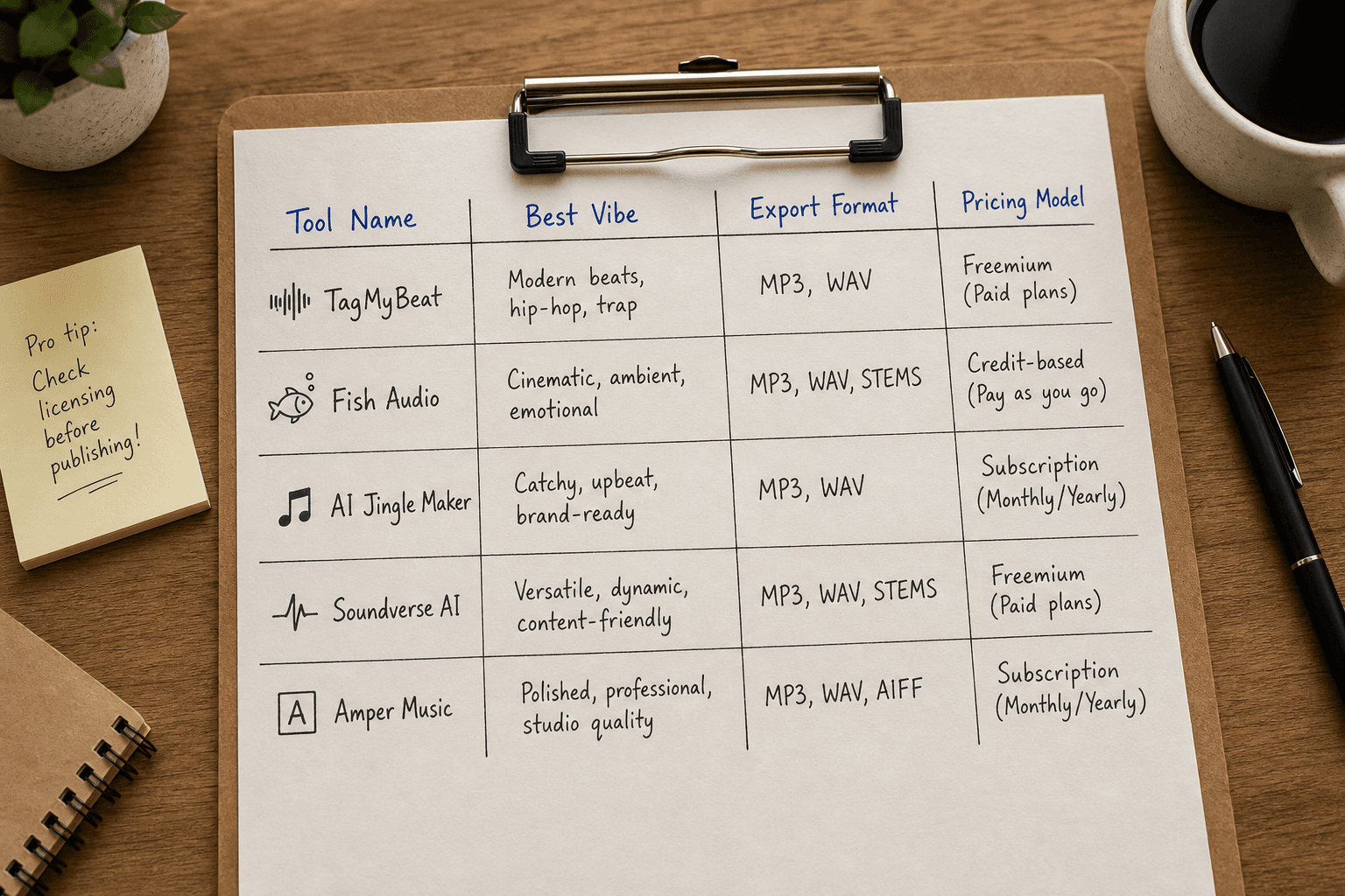 Comparison table of top AI producer tag tools, detailing vibes, formats, and pricing