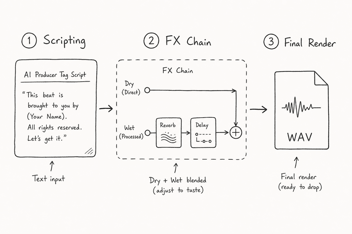 A 3-step workflow diagram for generating and mixing an AI producer tag