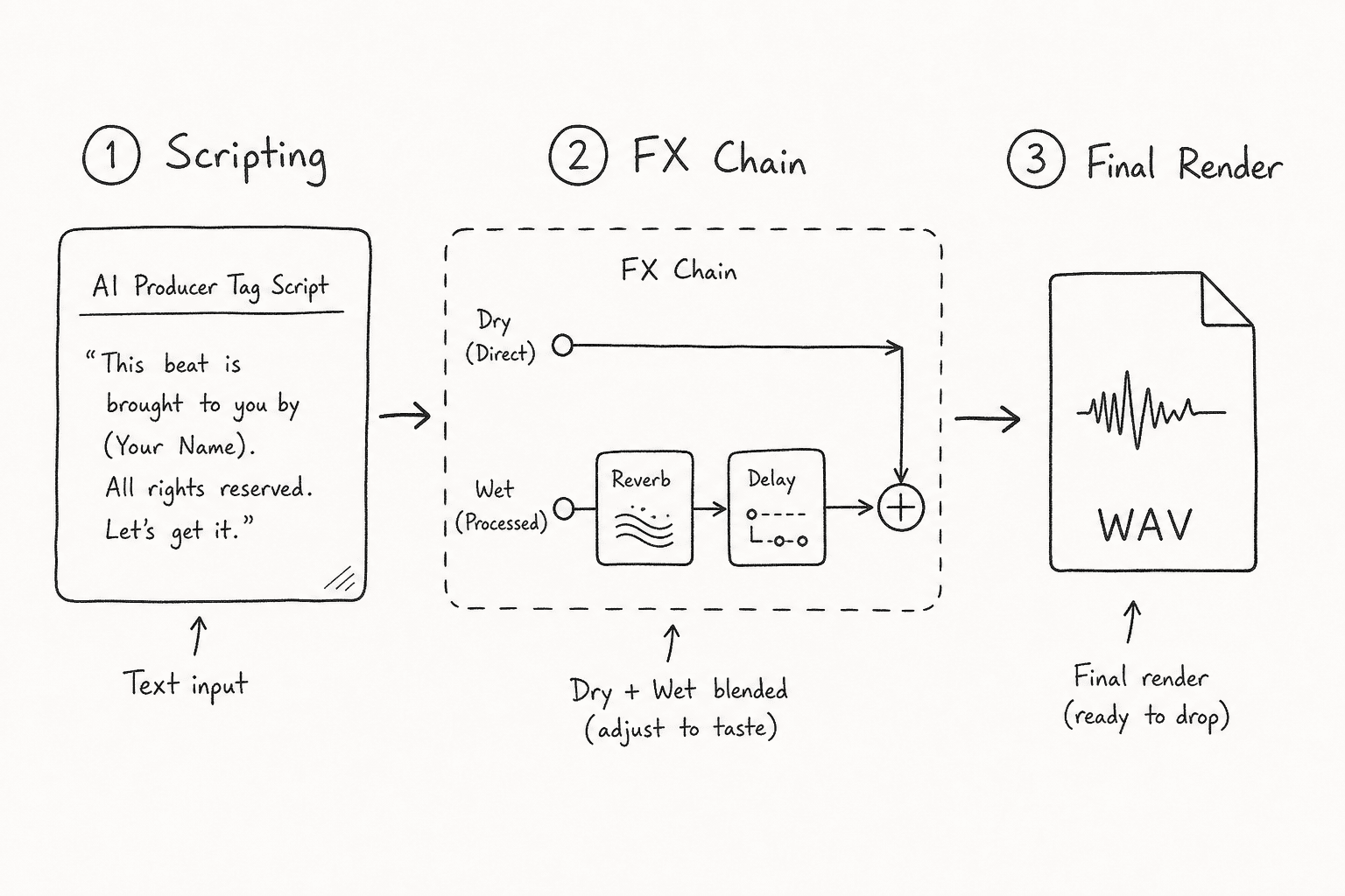 A 3-step workflow diagram for generating and mixing an AI producer tag