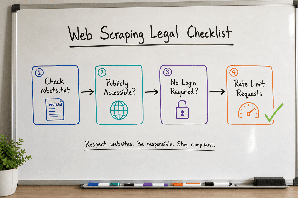 A whiteboard checklist showing the legal and ethical steps for web scraping, including checking robots.txt and ensuring data