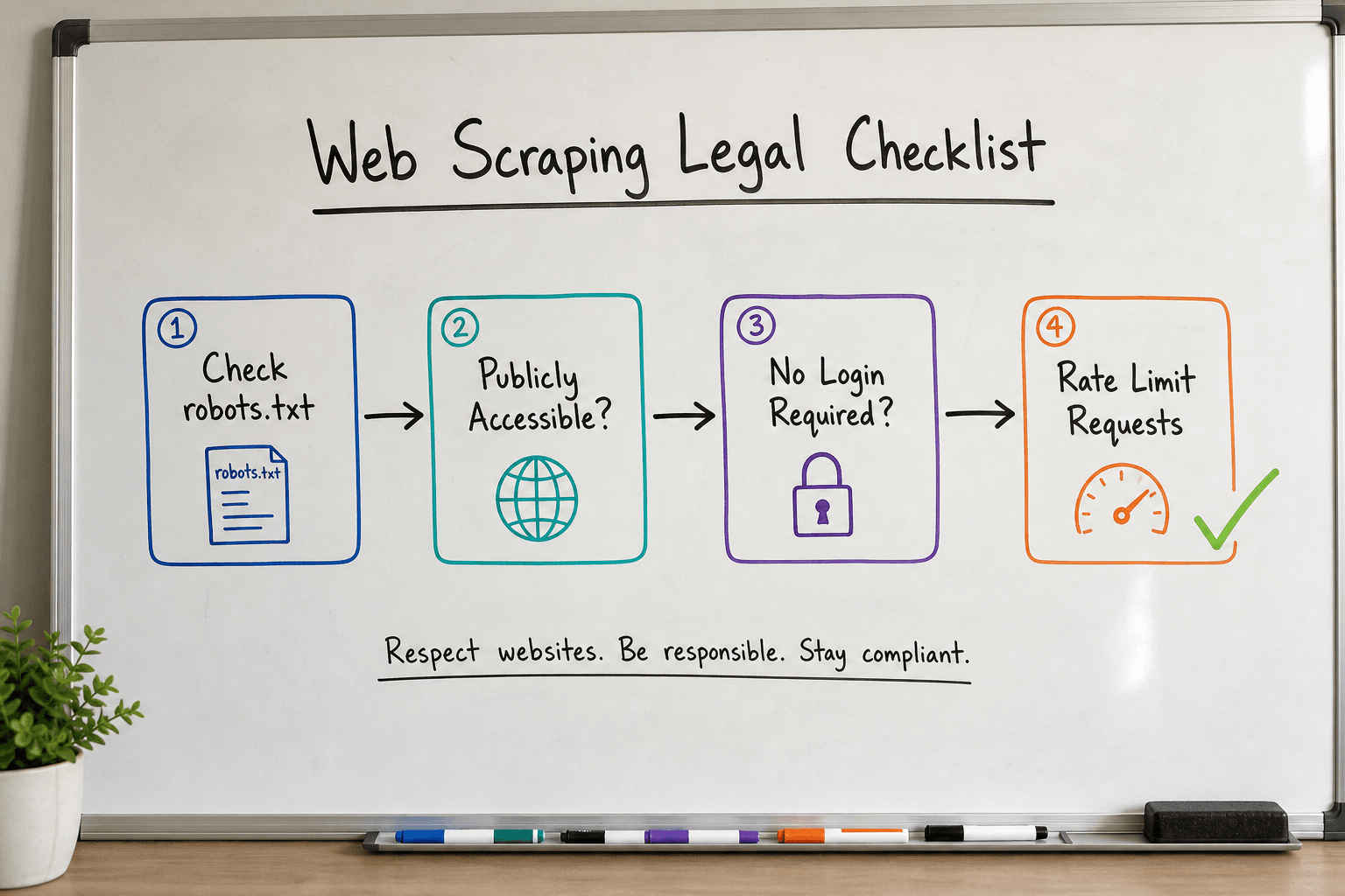 A whiteboard checklist showing the legal and ethical steps for web scraping, including checking robots.txt and ensuring data