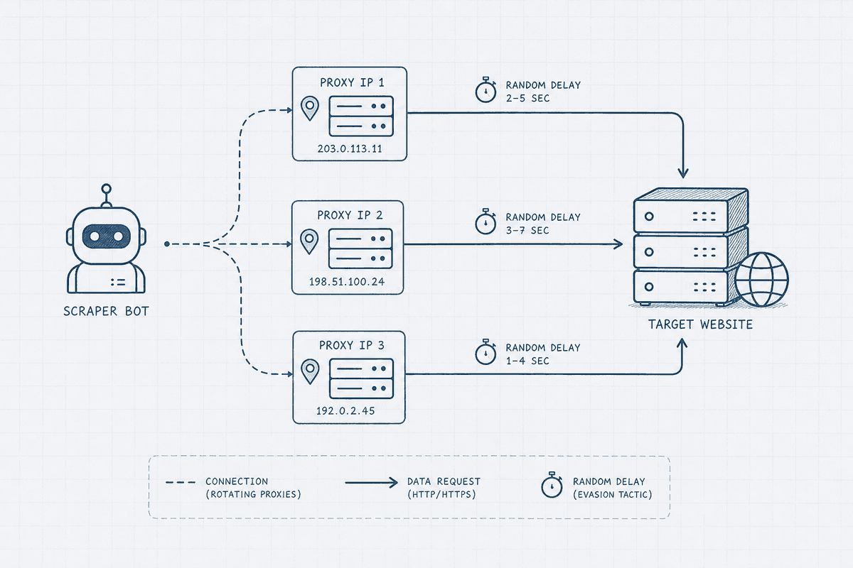 Diagram showing how a web scraper uses proxy IP addresses and random delays to bypass anti-bot protections.