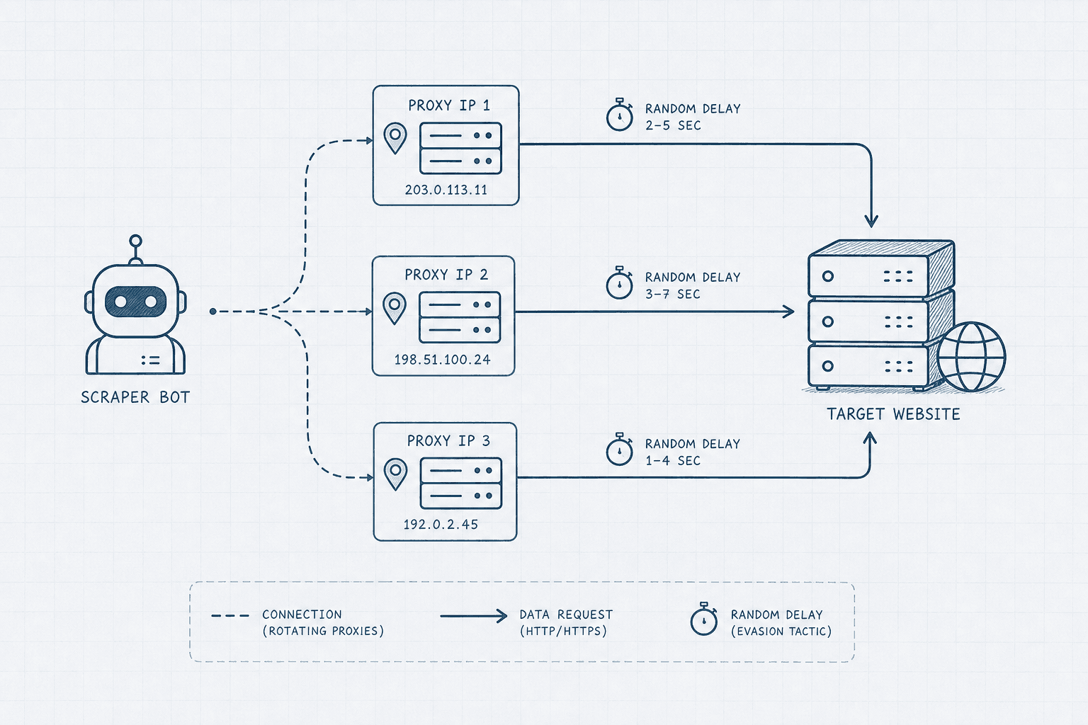 Diagram showing how a web scraper uses proxy IP addresses and random delays to bypass anti-bot protections.