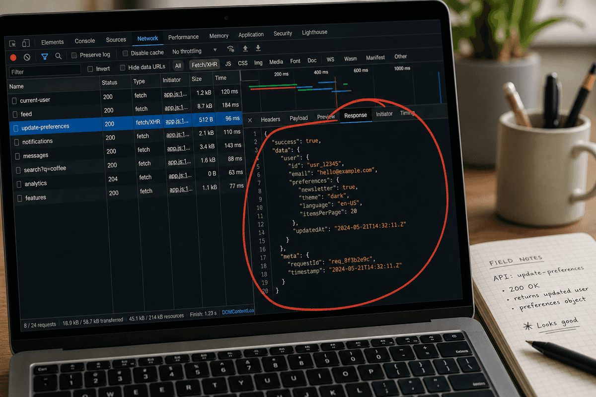 A laptop screen showing the browser developer tools network tab highlighting a hidden JSON API payload.
