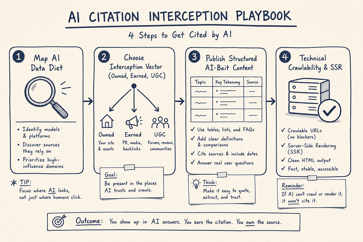 Four-step playbook diagram for intercepting AI recommendation citations and publishing targeted content