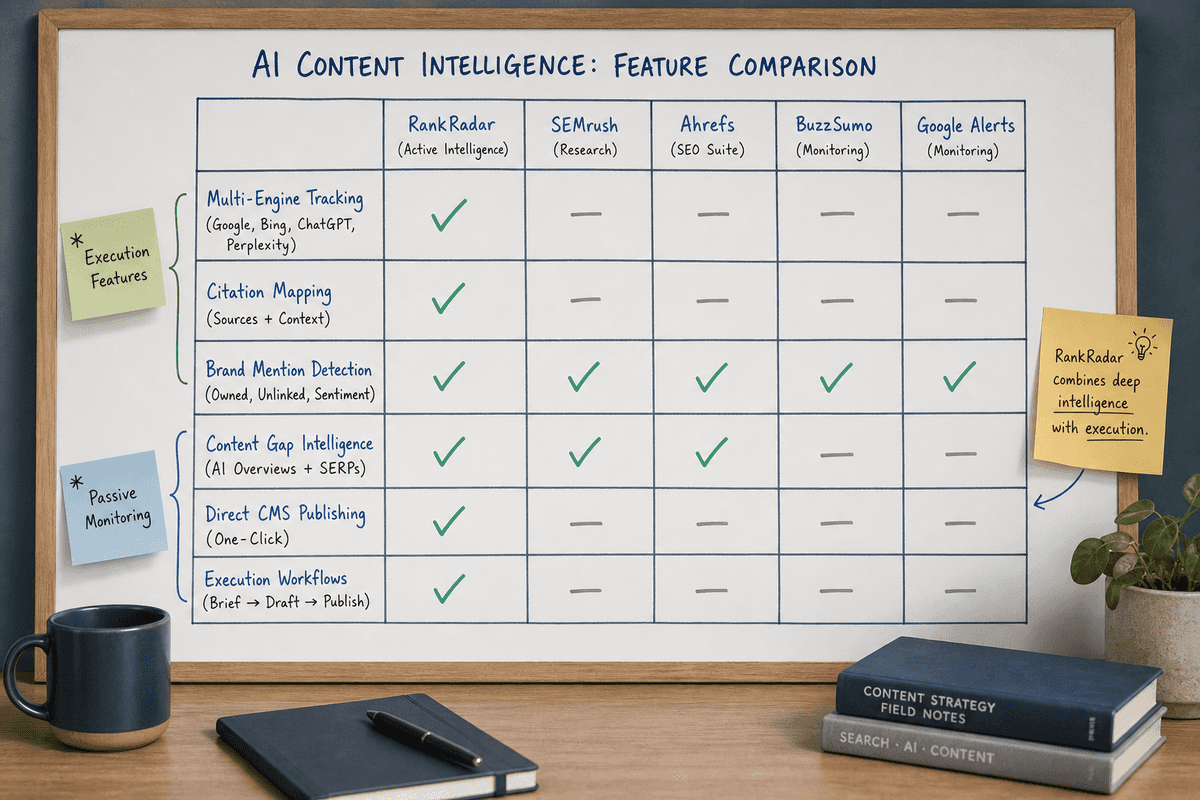 Whiteboard feature comparison grid analyzing AI visibility software capabilities.
