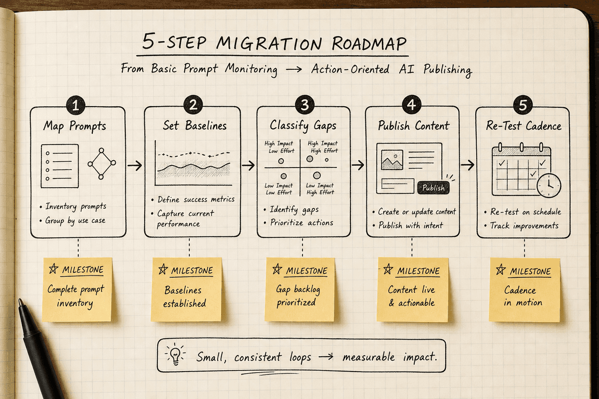 Hand-drawn 5-step roadmap showing how to migrate to an action-oriented AI visibility stack.