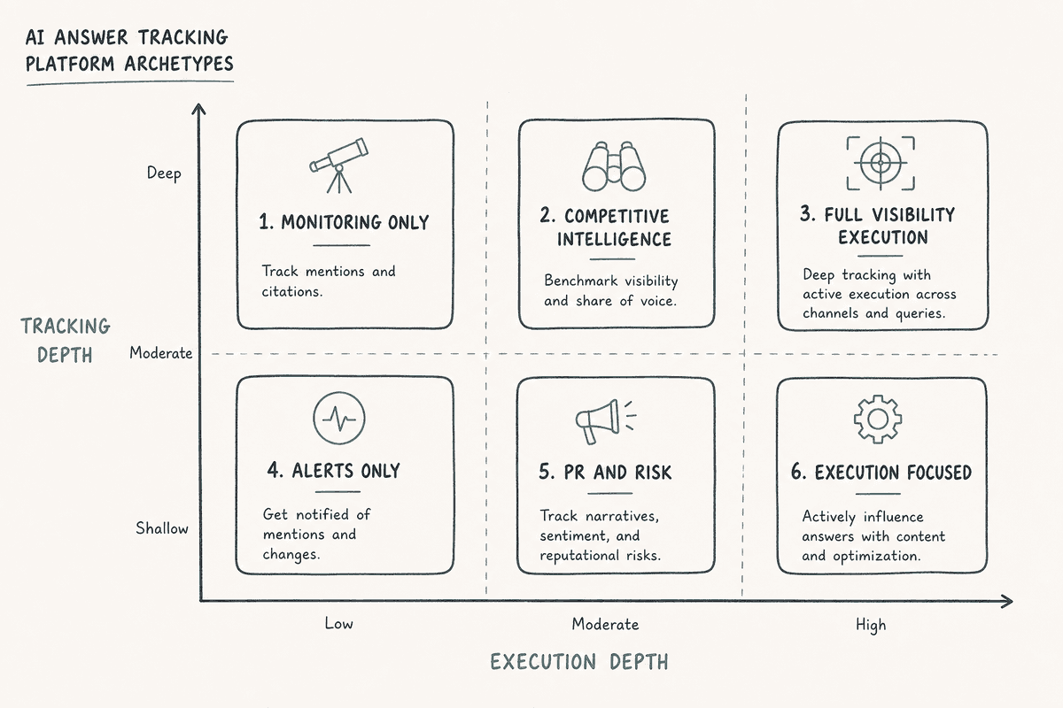 Editorial comparison matrix plotting AI tracking tools across execution depth and tracking depth.