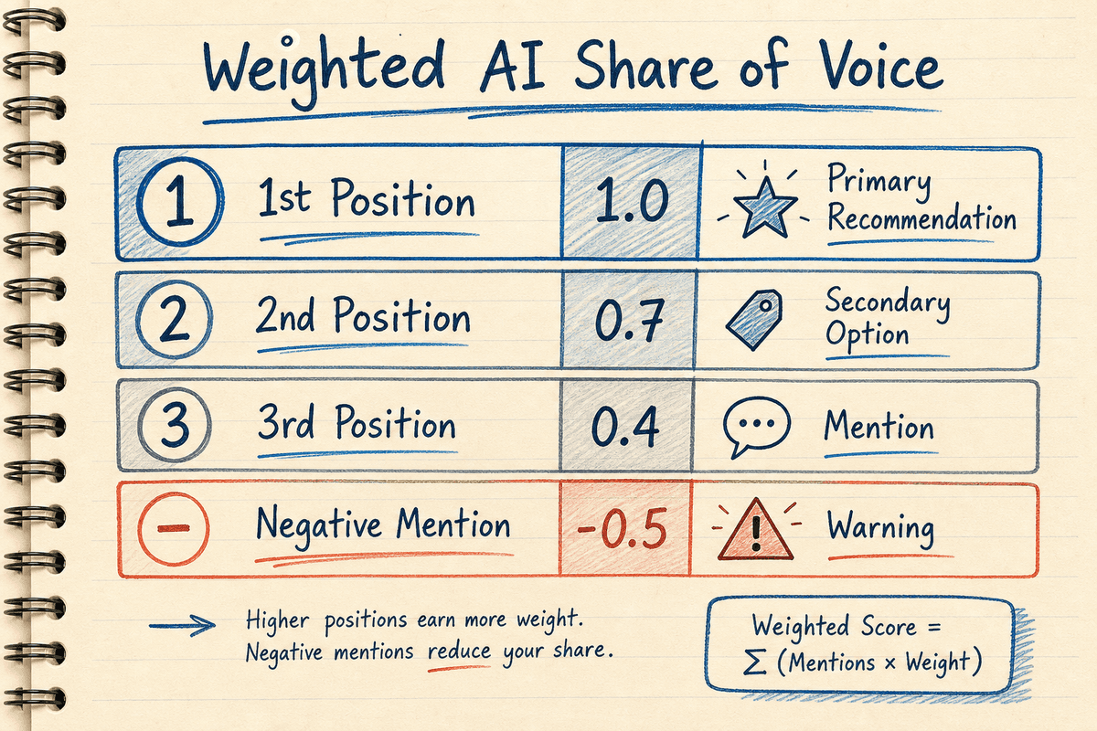 Infographic breakdown of position weighting factors used to calculate Weighted AI Share of Voice.