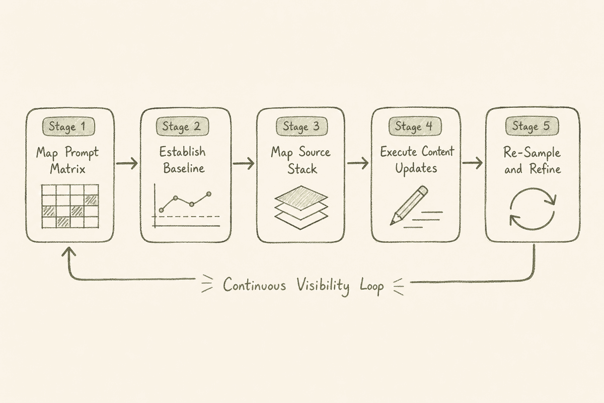Flowchart diagram detailing the five stages of an action-oriented AI visibility workflow.
